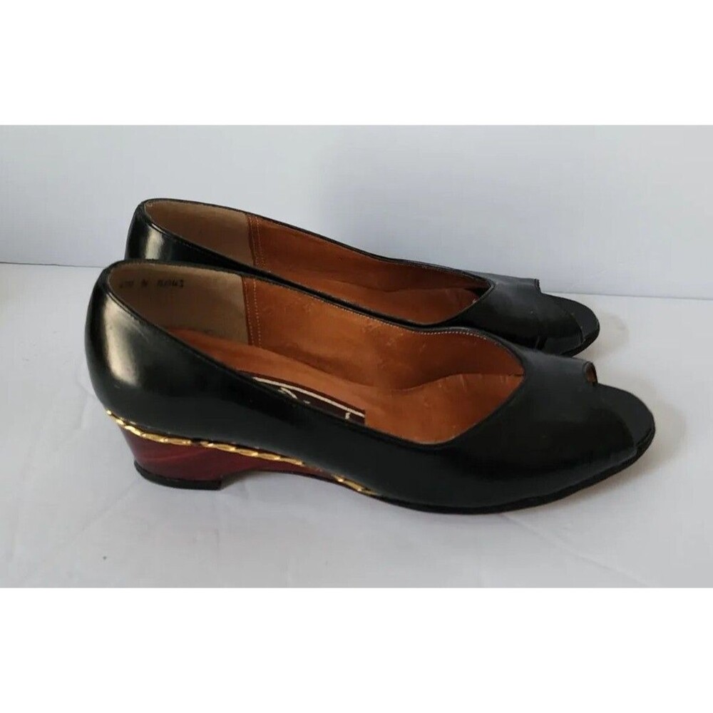 VTG Women’s Jack Rogers black Shoes Heels Wedge Open Peekaboo Toe Size 6.5 N
